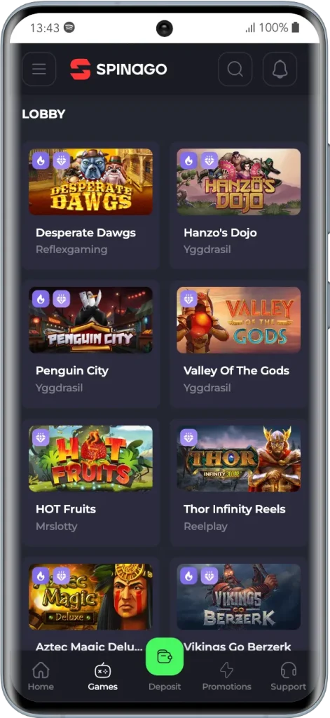 Spinago Casino App Interface